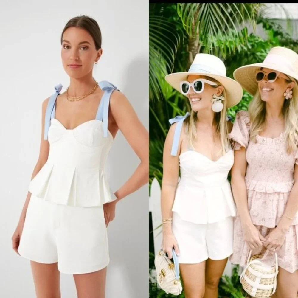 Hyacinth House NEW White and Blue Ophelia Bow Preppy Peplum Top Size Large - Picture 1 of 8